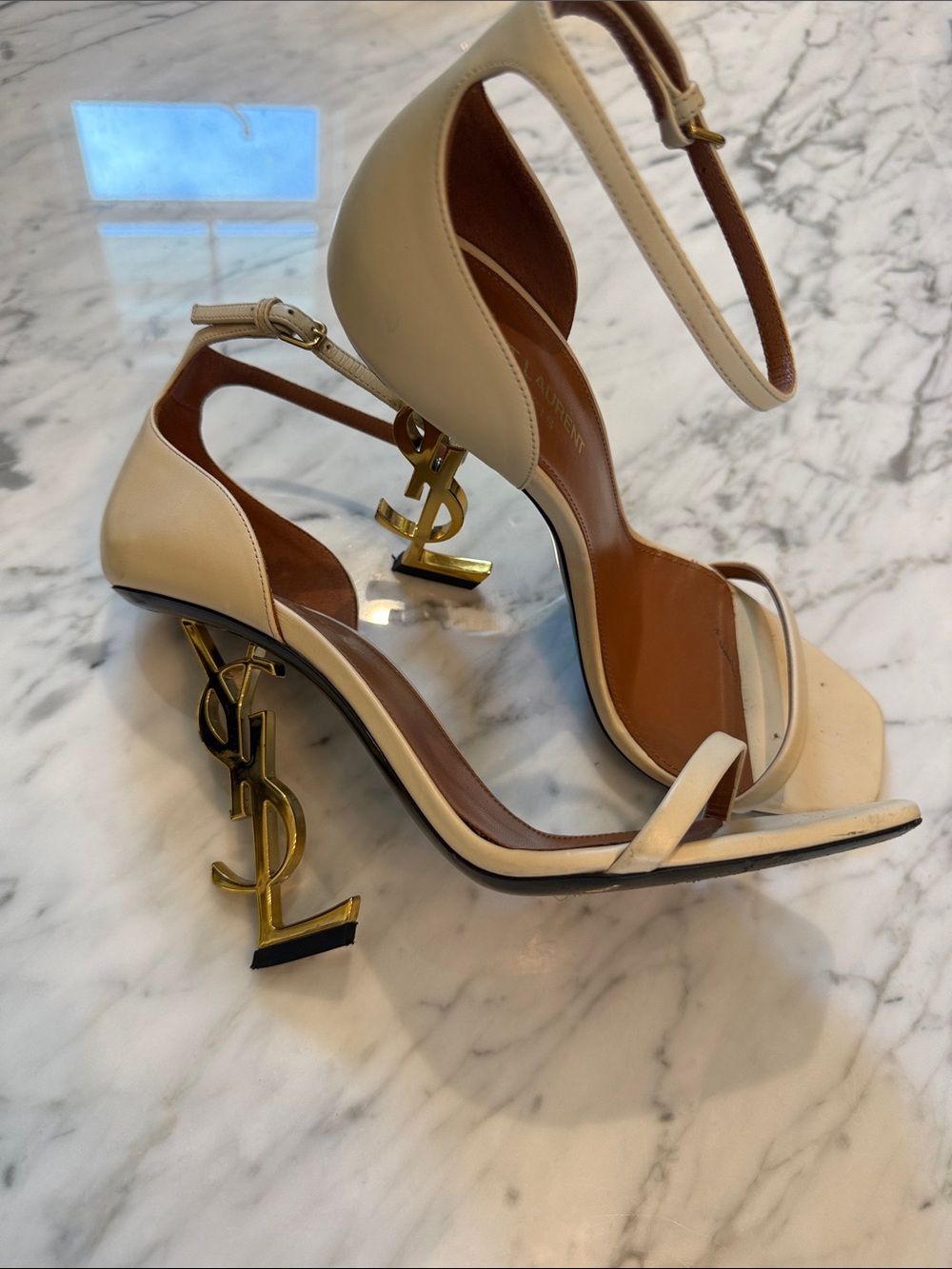 Saint Laurent Cream Opyum Logo-Heel Ankle-Strap Sandals